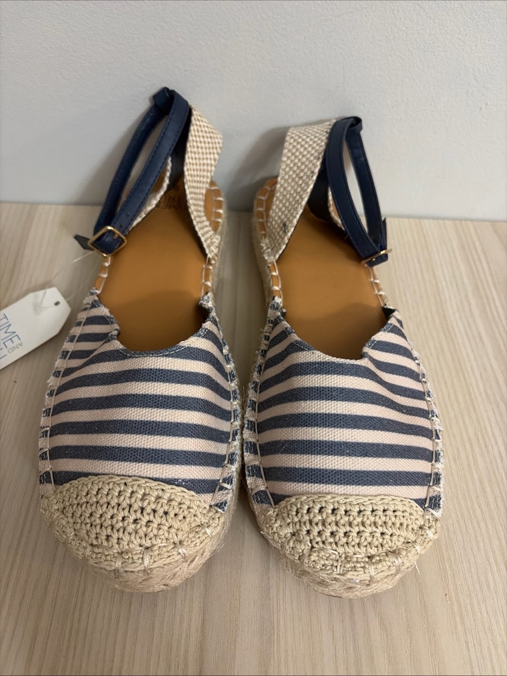 Time & Tru New! Striped Navy and Cream Espadrille Flats with Ankle Strap size 9